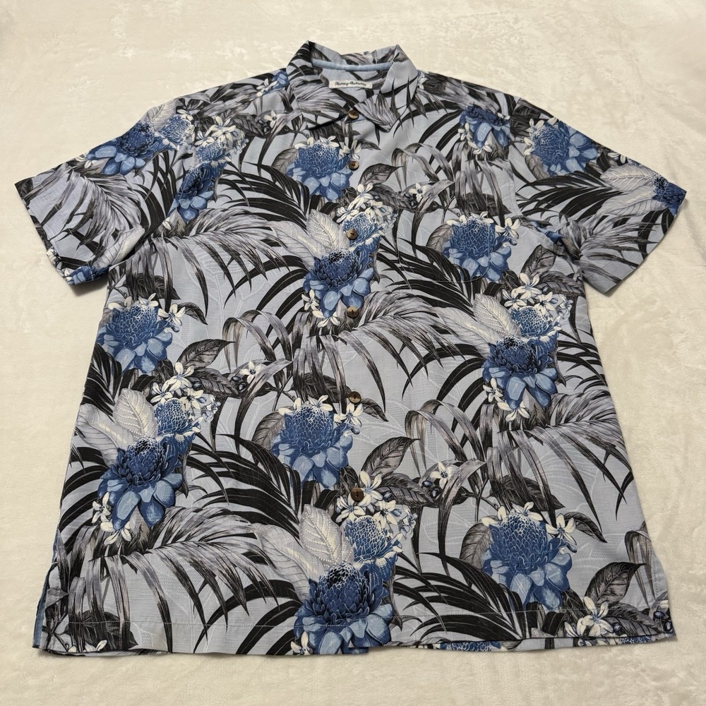Tommy Bahama Silk Camp Shirt Blue Floral Hawaiian Tropical Men's Large